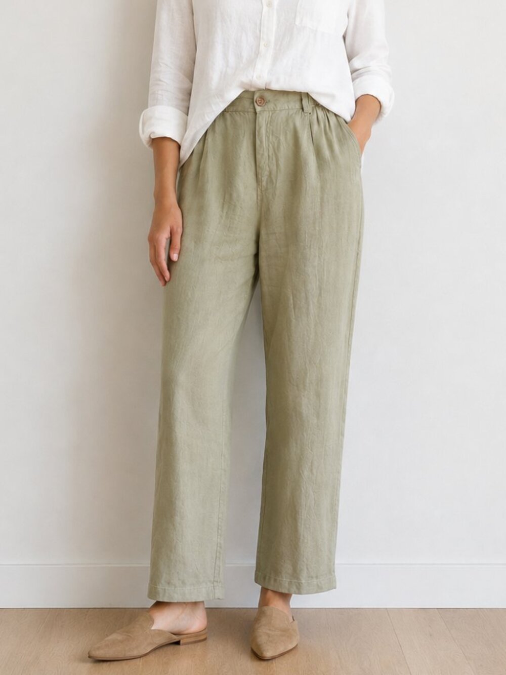 JNY Jones New York 100% Linen Olive Green Pull On Ankle Pants Size Large